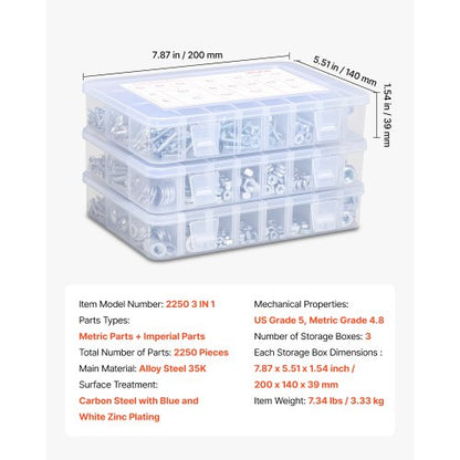 2250-tlg. Schrauben und Muttern, Sortimentssatz, metrisch, imperial, legierter Stahl, M3, M4, M5
