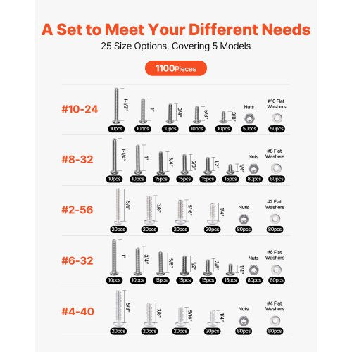 1110 delar bultar och muttrar i blandad förpackning i rostfritt stål för möbler