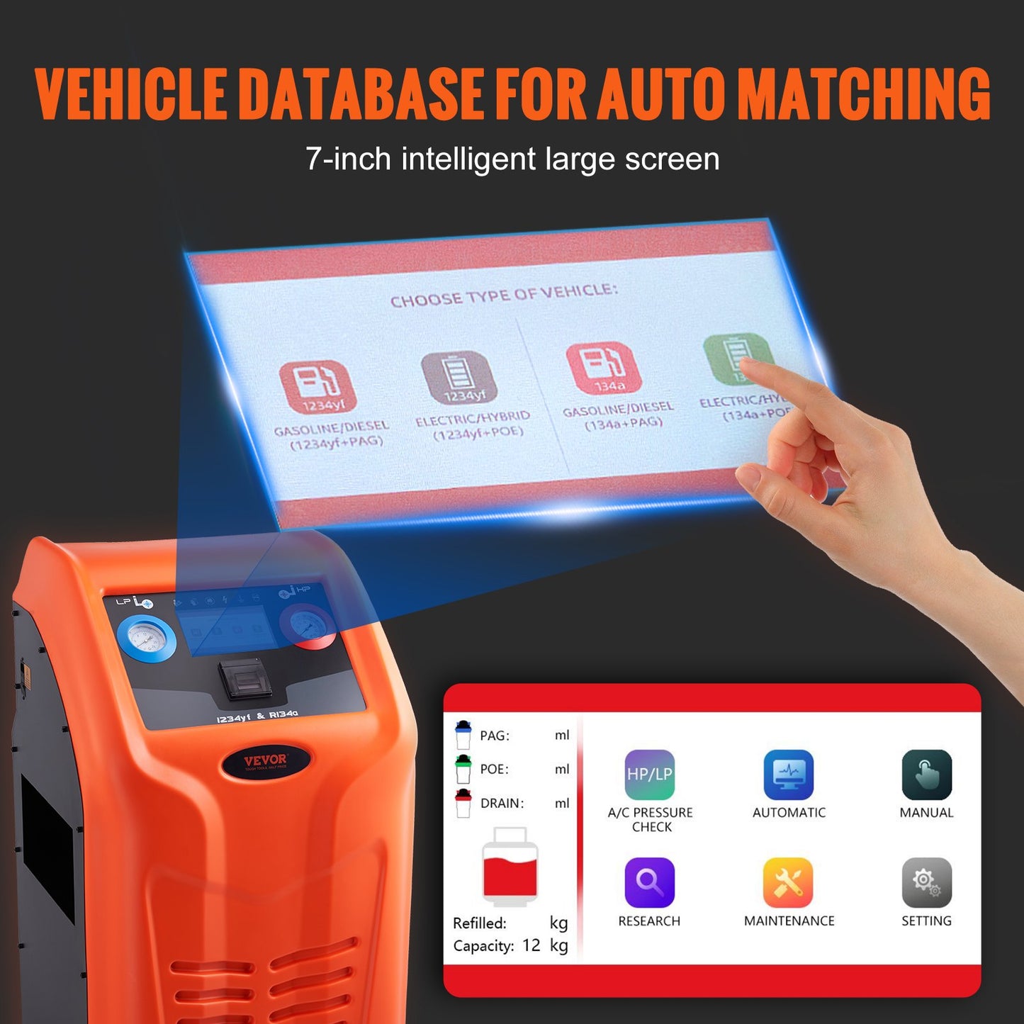 Helautomatisk kylmedelsåtervinningsmaskin - dubbelcylindrig AC återvinningsmaskinsats Inbyggd kompressor/elektronisk skala/filter/återvinningstank, återvinningsmaskin HVAC Endast för R134A+R1234YF