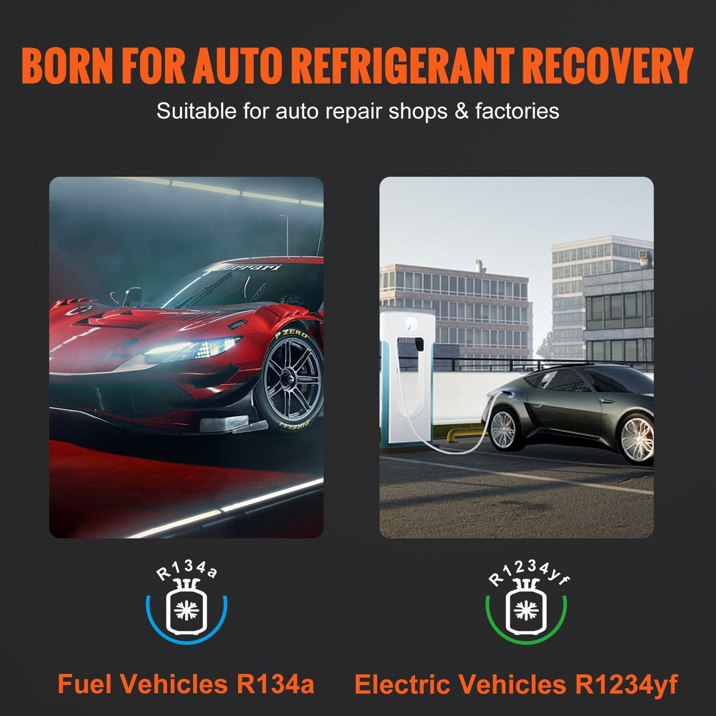 Helautomatisk kylmedelsåtervinningsmaskin - dubbelcylindrig AC återvinningsmaskinsats Inbyggd kompressor/elektronisk skala/filter/återvinningstank, återvinningsmaskin HVAC Endast för R134A+R1234YF