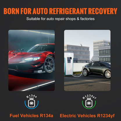 Helautomatisk kylmedelsåtervinningsmaskin - dubbelcylindrig AC återvinningsmaskinsats Inbyggd kompressor/elektronisk skala/filter/återvinningstank, återvinningsmaskin HVAC Endast för R134A+R1234YF