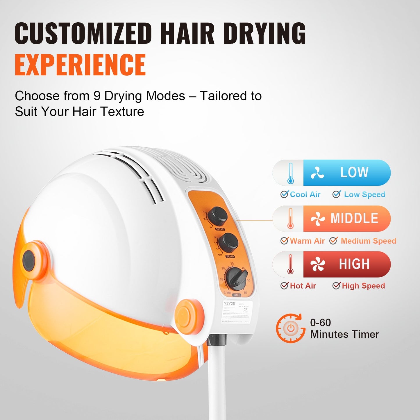 Professional Hooded Dryer, 1875W High-Power Bonnet Hair Dryer, Sit Under Hair Dryer with Timer, 3 Temp Settings & Wind Speed, Floor Standing Rolling Base with Wheels for Beauty Salon Home Spa