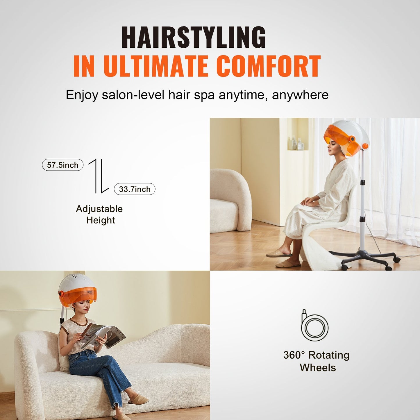 Professional Hooded Dryer, 1875W High-Power Bonnet Hair Dryer, Sit Under Hair Dryer with Timer, 3 Temp Settings & Wind Speed, Floor Standing Rolling Base with Wheels for Beauty Salon Home Spa