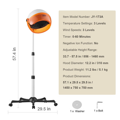 Professional Hooded Dryer, 1875W High-Power Bonnet Hair Dryer, Sit Under Hair Dryer with Timer, 3 Temp Settings & Wind Speed, Floor Standing Rolling Base with Wheels for Beauty Salon Home Spa