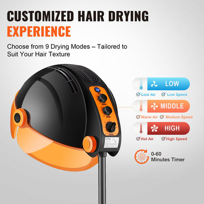 Ionic Hooded Dryer, 1875W Professional Bonnet Hair Dryer, Sit Under Hair Dryer with Timer, 3 Temp Settings & Wind Speed, Floor Standing Rolling Base with Wheels for Beauty Salon Home Spa