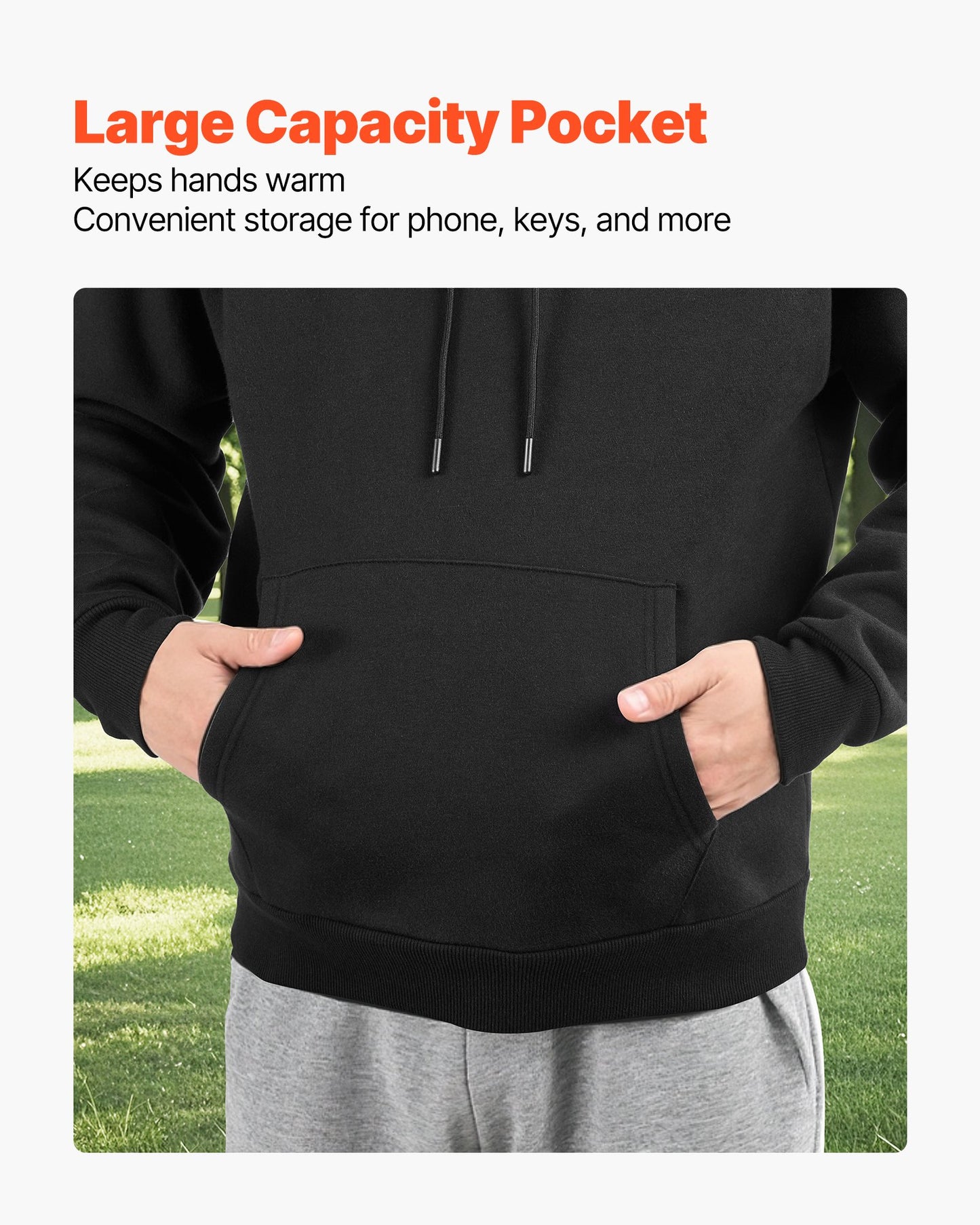 Men Pullover Hoodie, Large Size, Fleece Long Sleeve Comfy Casual Basic Pullover Hooded Sweatshirt, Warm & Skin-friendly, Practical & Trendy, Black Hoodie with Large Pocket for Fall & Winter