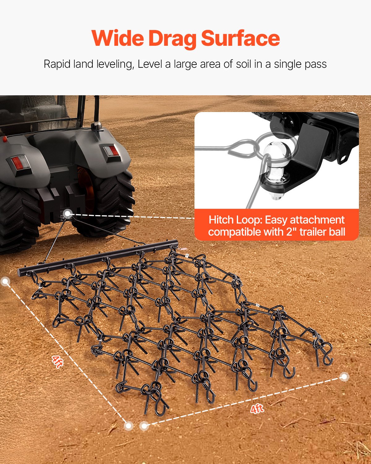 Drag Harrow, 4 x 4 ft Durable Chain Harrow with 69 Sharp Teeth, Suitable for ATV UTV Tractor, Ideal for Soil Preparation, Seeding, Smoothing Landscapes, and Yard Gravel Driveway Maintenance