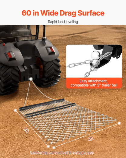 Drag Harrow, 4 x 5 ft Chain Harrow - Made from Q235 Steel, UTV Tractor Attachments for Landscape Leveling or Sod Prepping, Durable Harrow Rake for Gravel Driveway, Farm Field Garden Black