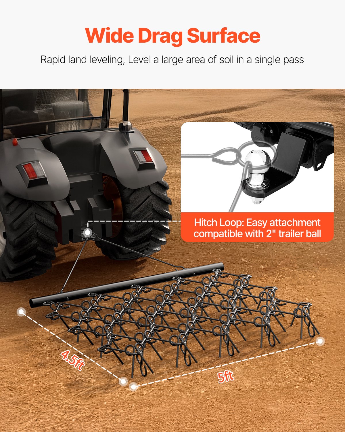 Drag Harrow, 5 x 4.5 ft Durable Chain Harrow with 60 Sharp Teeth, Suitable for ATV UTV Tractor, Ideal for Soil Preparation, Seeding, Smoothing Landscapes, and Yard Gravel Driveway Maintenance