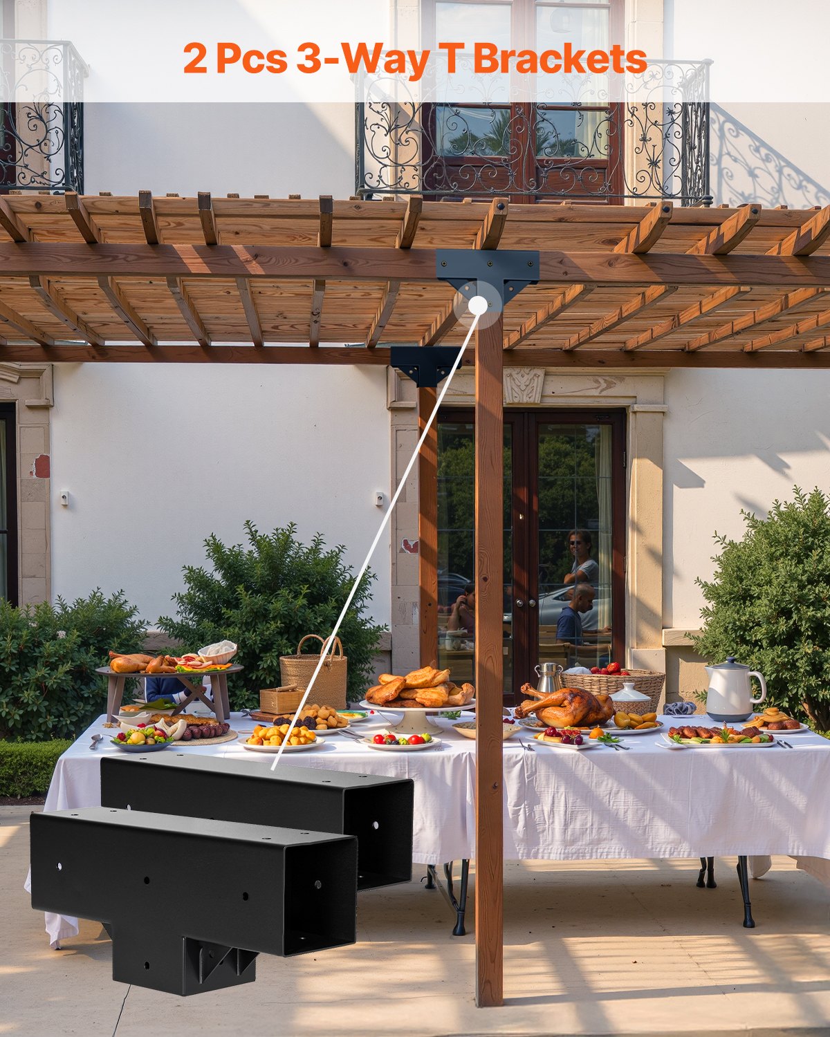 Pergola Kit 2-Pack, T-Shaped 4x4 (Actual 3.5x3.5 Inch), 3-Way Pergola Brackets DIY Woodworking Gazebo Bracket Kit with Screws for 3.5x3.5 Inch Wood Beams in Actual Size for Outdoor Party Banquet