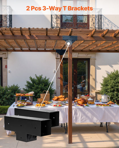 Pergola Kit 2-Pack, T-Shaped 4x4 (Actual 3.5x3.5 Inch), 3-Way Pergola Brackets DIY Woodworking Gazebo Bracket Kit with Screws for 3.5x3.5 Inch Wood Beams in Actual Size for Outdoor Party Banquet