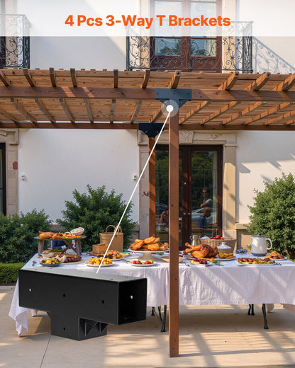 Pergola Kit 4-Pack, T-Shaped 4x4 (Actual 3.5x3.5 Inch), 3-Way Pergola Brackets DIY Woodworking Gazebo Bracket Kit with Screws for 3.5x3.5 Inch Wood Beams in Actual Size for Outdoor Party Banquet