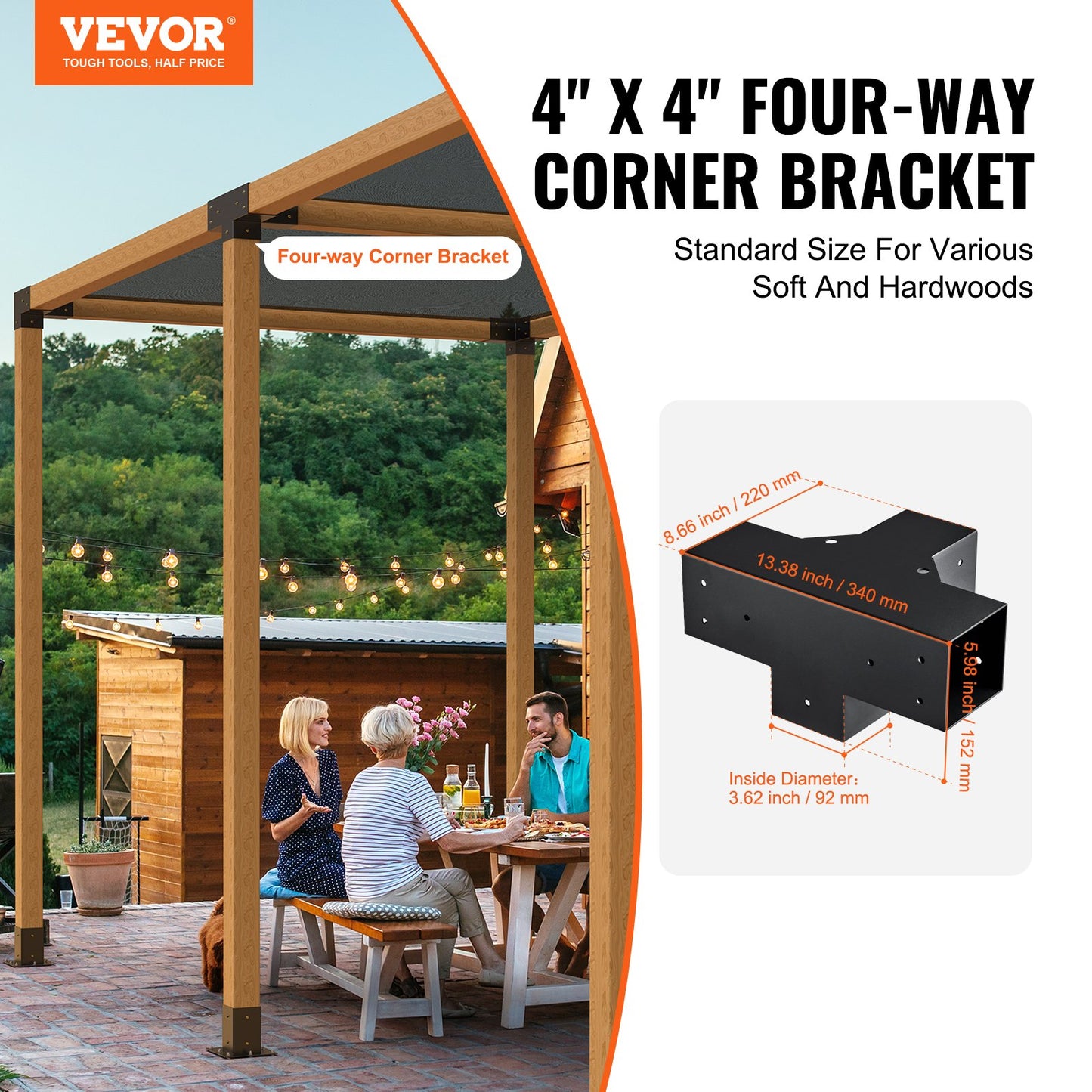 Pergola Bracket Kit 4''x4'', inre storlek 3,6"x3,6 2st 4-vägs kraftigt hörnfäste Woodworks DIY stolpbassats, enkel installation av träbjälkar för lusthus, uteplatspergolor, timmerstuga utomhuspergola hårdvara