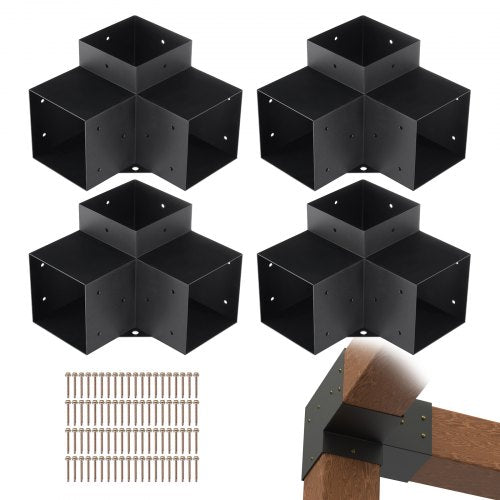 Pergola Bracket Kit 6''x6'', 4pcs 3-Way Heavy Duty Corner Bracket Woodworks DIY Post Base Kit, Easy Installation Wooden Beams for Gazebos, Patio Pergolas, Log Cabin Outdoor Pergola Hardware
