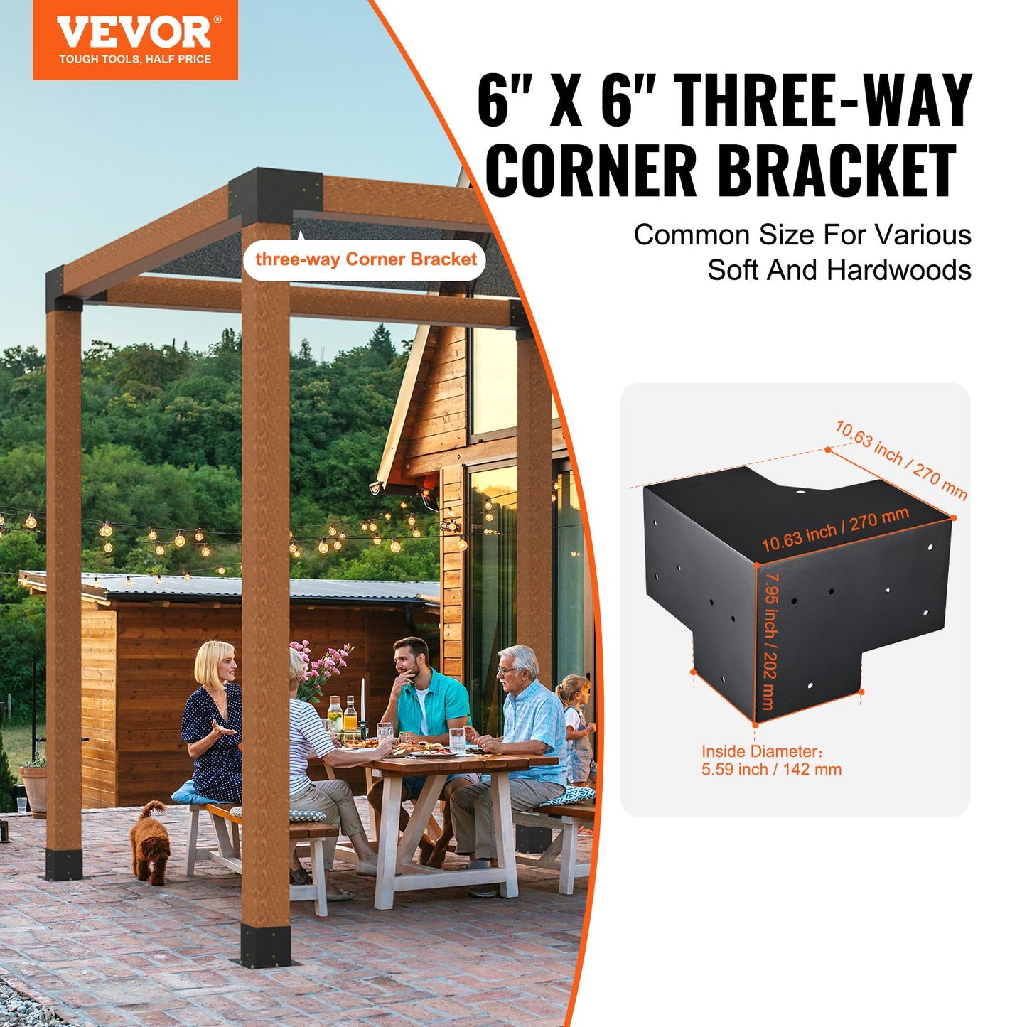 Pergola Bracket Kit 6''x6'', Inner Size 5.6"x5.6 4pcs 3-Way Heavy Duty Corner Bracket Woodworks DIY Post Base Kit, Easy Installation Wood Beams for Gazebo, Pergola for Patio, Log Cabin Outdoor Pergola Hardware