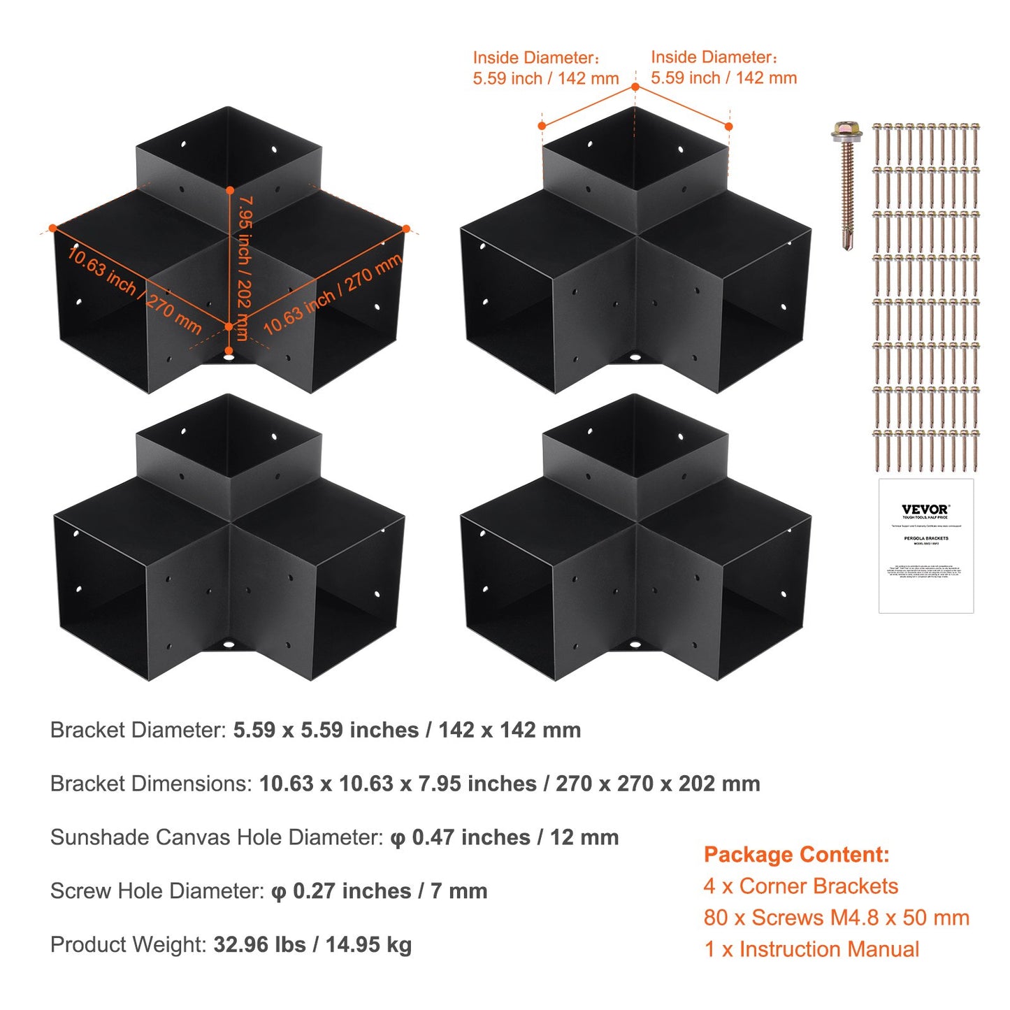Pergola Bracket Kit 6''x6'', Inner Size 5.6"x5.6 4pcs 3-Way Heavy Duty Corner Bracket Woodworks DIY Post Base Kit, Easy Installation Wood Beams for Gazebo, Pergola for Patio, Log Cabin Outdoor Pergola Hardware