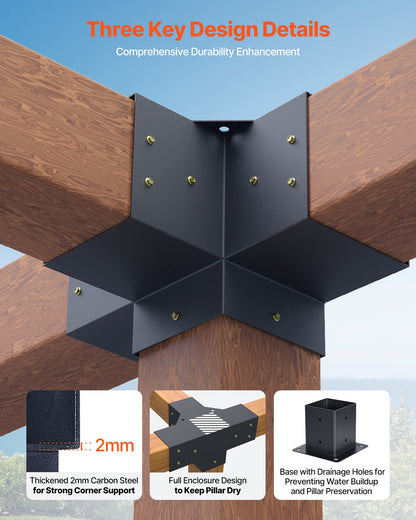 Pergola Kit, 4x4 Inch Pergola Brackets for 3.5x3.5 Inch Wood Beams in Actual Dimension, 3-Way (4 Pcs) and 4-Way (2 Pcs) Gazebo Brackets with 6 Post Bases, for Outdoor Pergolas, Gazebos, Sheds