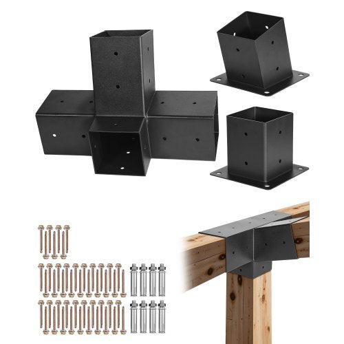 Pergola Kit, 4x4 Inch 4-Way Slanted Bracket for 3.5x3.5 Inch Wood Beams in Actual Size, Carbon Steel Pergola Bracket with Post Base and Wall Mount Base, for Outdoor Pergolas, Gazebos, Sheds