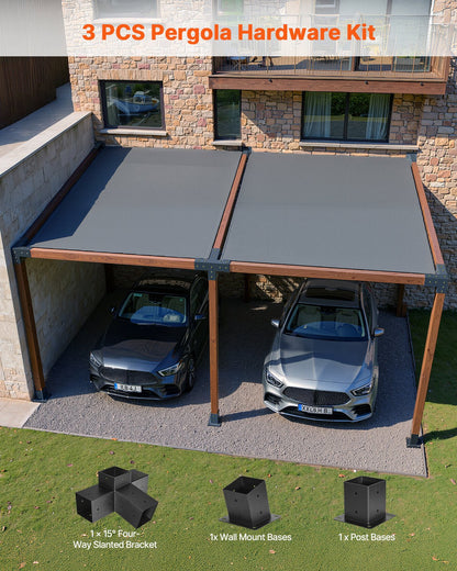 Pergola Kit, 4x4 Inch 4-Way Slanted Bracket for 3.5x3.5 Inch Wood Beams in Actual Size, Carbon Steel Pergola Bracket with Post Base and Wall Mount Base, for Outdoor Pergolas, Gazebos, Sheds