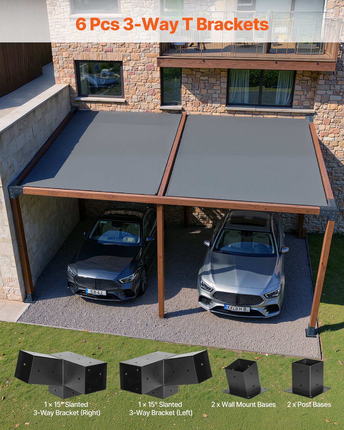 Pergola Kit, 4x4 Inch 3-Way Slanted Brackets for 3.5x3.5 Inch Wood Beams in Actual Size, 2-Pack Pergola Brackets with 2 Post Bases and 2 Wall Mount Bases, for Outdoor Pergolas, Gazebos, Sheds