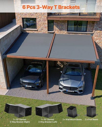 Pergola Kit, 4x4 Inch 3-Way Slanted Brackets for 3.5x3.5 Inch Wood Beams in Actual Size, 2-Pack Pergola Brackets with 2 Post Bases and 2 Wall Mount Bases, for Outdoor Pergolas, Gazebos, Sheds