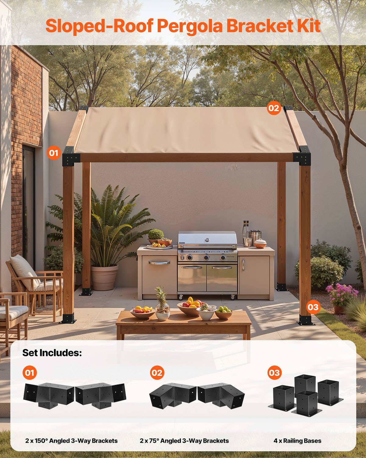 Pergola Kit, 4x4 Inch 3-Way Slanted Bracket for 3.5x3.5 Inch Wood Beams in Actual Size, Carbon Steel Pergola Bracket with Screws and Post Bases, for Outdoor Wood Pergolas, Gazebos, Sheds, 8 Pcs