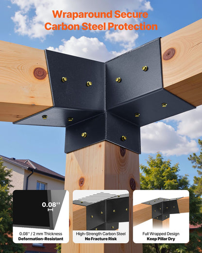 Pergola Kit, 4x4 Inch 3-Way Slanted Bracket for 3.5x3.5 Inch Wood Beams in Actual Size, Carbon Steel Pergola Bracket with Screws and Post Bases, for Outdoor Wood Pergolas, Gazebos, Sheds, 8 Pcs