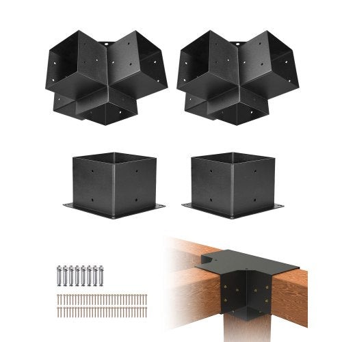 Pergola Bracket Kit, 6x6 Inch (Inner Size 5.5x5.5), 2 Pcs 4-Way Heavy Duty Corner Bracket Woodworks DIY Post Base Kit, Easy Installation Wooden Beams for Gazebos, Patio Pergolas, Log Cabin