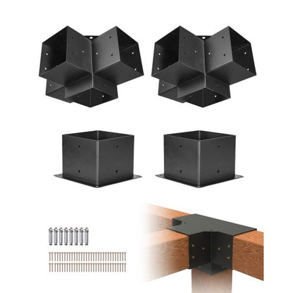 Pergola Bracket Kit, 6x6 Inch (Inner Size 5.5x5.5), 2 Pcs 4-Way Heavy Duty Corner Bracket Woodworks DIY Post Base Kit, Easy Installation Wooden Beams for Gazebos, Patio Pergolas, Log Cabin