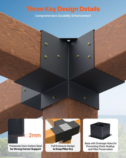 Pergola Bracket Kit, 6x6 Inch (Inner Size 5.5x5.5), 2 Pcs 4-Way Heavy Duty Corner Bracket Woodworks DIY Post Base Kit, Easy Installation Wooden Beams for Gazebos, Patio Pergolas, Log Cabin