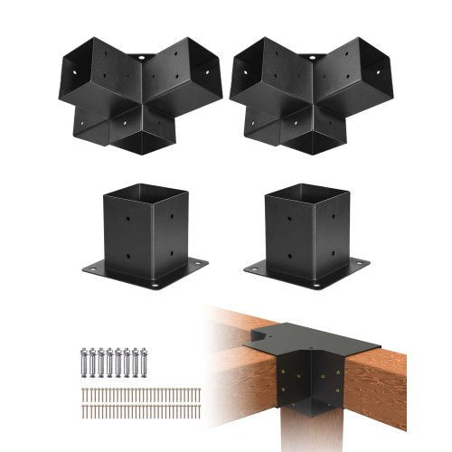 Pergola Bracket Kit, 4x4 Inch (Inner Size 3.5x3.5), 2 Pcs 4-Way Heavy Duty Corner Bracket Woodworks DIY Post Base Kit, Easy Installation Wooden Beams for Gazebos, Patio Pergolas, Log Cabin