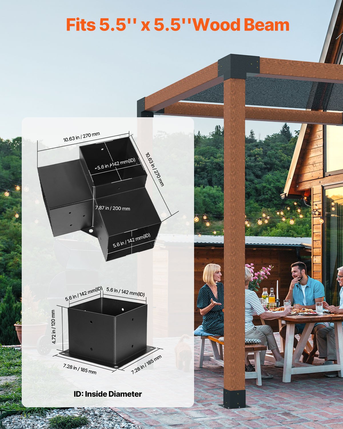 Pergola Bracket Kit, 6x6 Inch (Inner Size 5.5x5.5), 4 Pcs 3-Way Heavy Duty Corner Bracket Woodworks DIY Post Base Kit, Easy Installation Wooden Beams for Gazebos, Patio Pergolas, Log Cabin