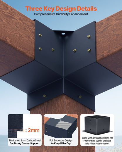 Pergola Bracket Kit, 6x6 Inch (Inner Size 5.5x5.5), 4 Pcs 3-Way Heavy Duty Corner Bracket Woodworks DIY Post Base Kit, Easy Installation Wooden Beams for Gazebos, Patio Pergolas, Log Cabin