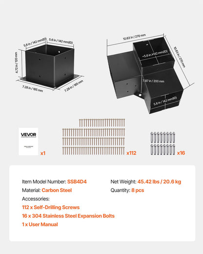 Pergola Bracket Kit, 6x6 Inch (Inner Size 5.5x5.5), 4 Pcs 3-Way Heavy Duty Corner Bracket Woodworks DIY Post Base Kit, Easy Installation Wooden Beams for Gazebos, Patio Pergolas, Log Cabin