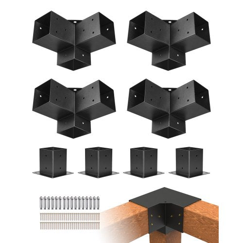 Pergola Bracket Kit, 4x4 Inch (Inner Size 3.5x3.5), 4 Pcs 3-Way Heavy Duty Corner Bracket Woodworks DIY Post Base Kit, Easy Installation Wooden Beams for Gazebos, Patio Pergolas, Log Cabin