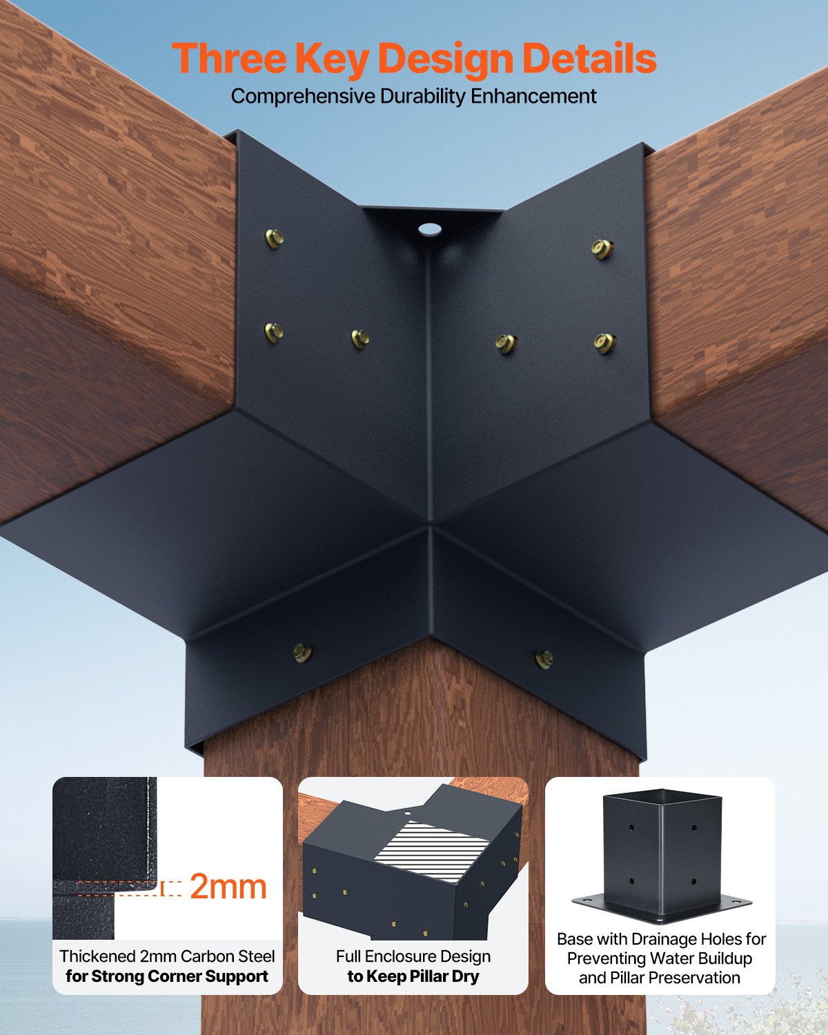 Pergola Bracket Kit, 4x4 Inch (Inner Size 3.5x3.5), 4 Pcs 3-Way Heavy Duty Corner Bracket Woodworks DIY Post Base Kit, Easy Installation Wooden Beams for Gazebos, Patio Pergolas, Log Cabin