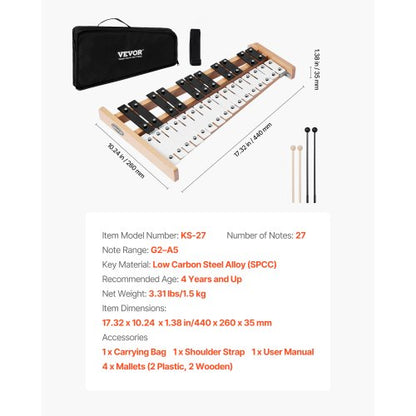 Klockspel Xylofon, 27 Noter, Professionellt Xylofon Slagverksinstrument, Med Metalltangenter, Inkluderar 4 Hammaror, Bärväska, Nybörjarinstrument För Vuxna Och Barn Musikundervisning |  EU