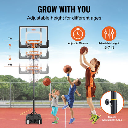 Basketball Hoop, 5-7 ft Adjustable Height Portable Backboard System, 32 inch Basketball Hoop & Goal, Kids & Adults Basketball Set with Wheels, Stand, and Fillable Base, for Outdoor/Indoor