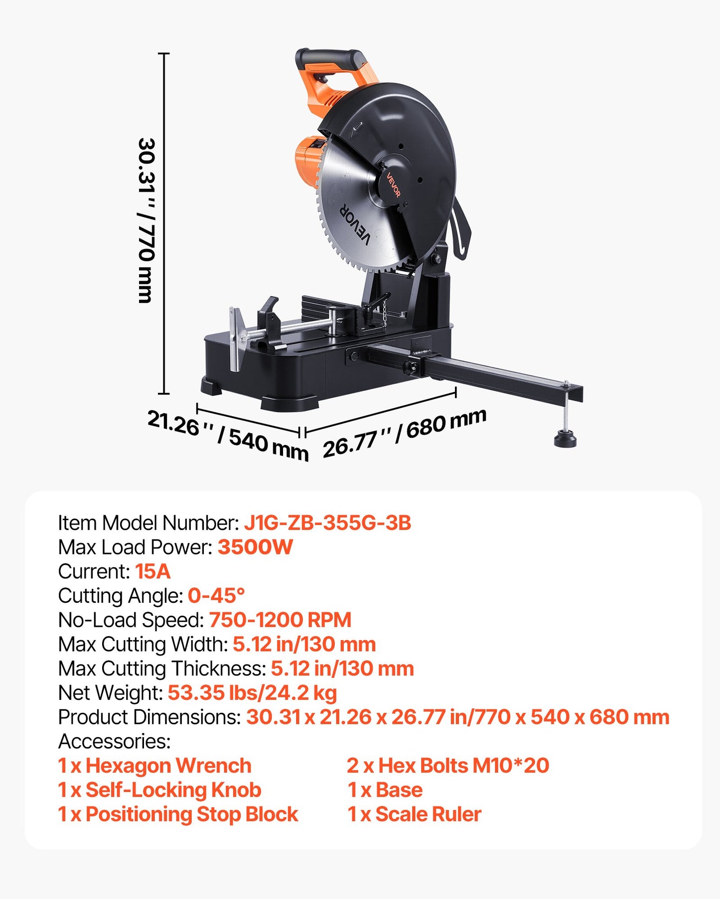 Chop Saw, 14-inch Stainless Steel Cold Cut Blade, 3500 W Powerful Brushless Motor, 750-1200 r/min Adjustable Speed, Metal Cutting Chop Saw for Metal Square and Flat Tubes, I-Shaped Steels