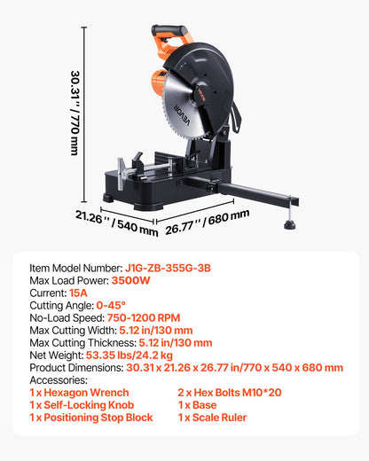Chop Saw, 14-inch Stainless Steel Cold Cut Blade, 3500 W Powerful Brushless Motor, 750-1200 r/min Adjustable Speed, Metal Cutting Chop Saw for Metal Square and Flat Tubes, I-Shaped Steels