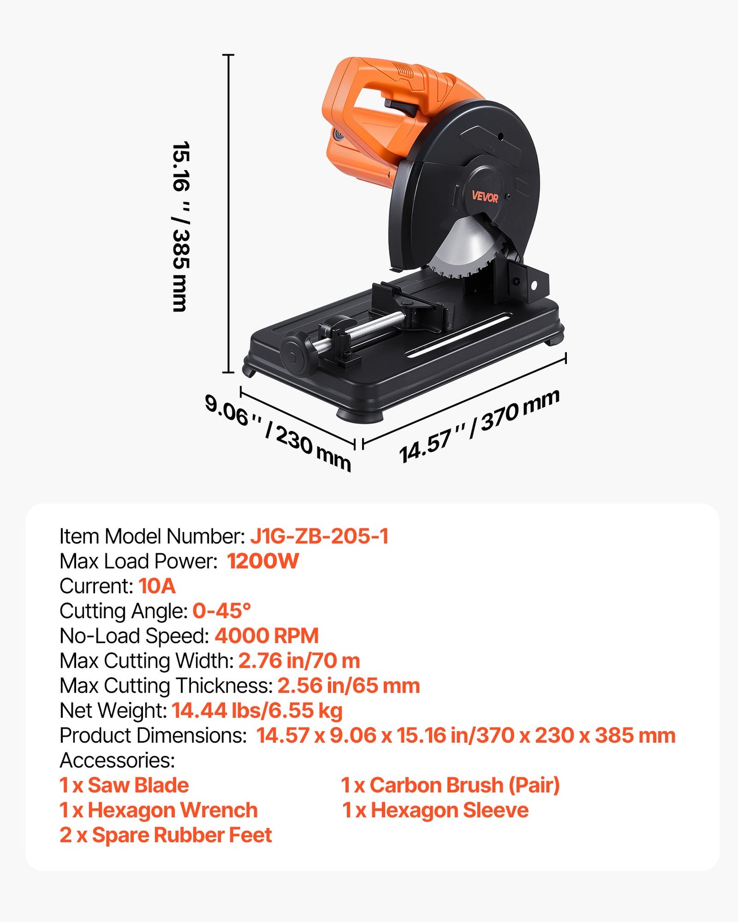Chop Saw, 7-1/4 in Stainless Steel Cold Cut Blade, 1200 W Motor, 4000 r/min Speed, 0-45° Adjustable Cutting Angle, Metal Cutting Chop Saw for Metal Square and Flat Tubes, I-Shaped Steels