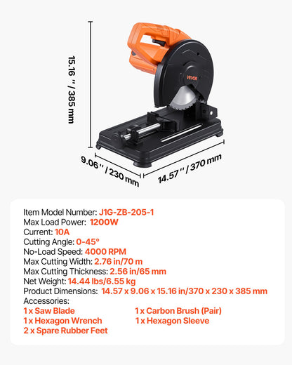 Chop Saw, 7-1/4 in Stainless Steel Cold Cut Blade, 1200 W Motor, 4000 r/min Speed, 0-45° Adjustable Cutting Angle, Metal Cutting Chop Saw for Metal Square and Flat Tubes, I-Shaped Steels