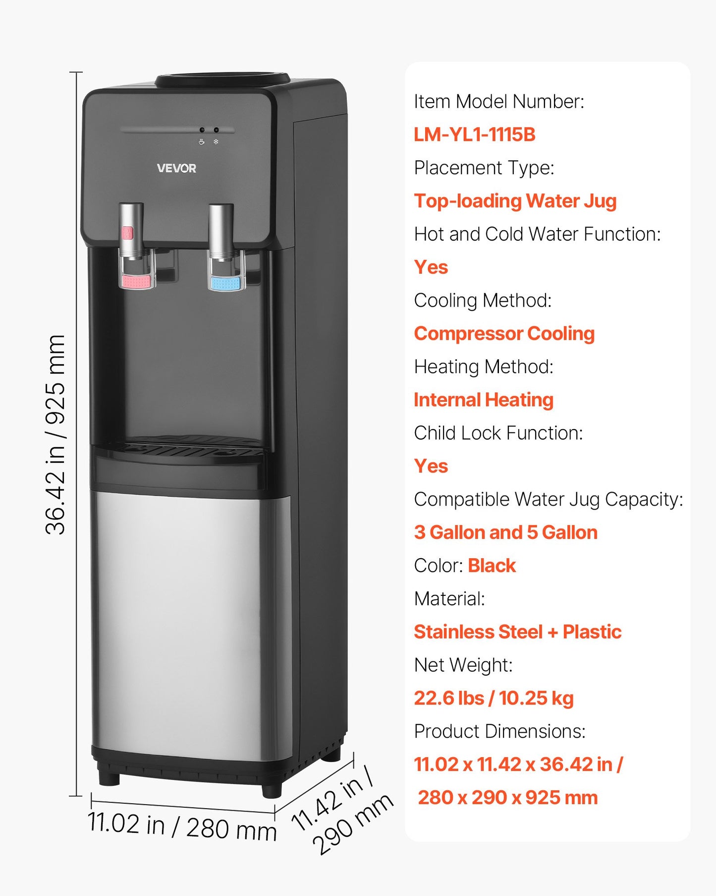 Top Loading Water Cooler Dispenser, Hot and Cold Water Dispenser for 3 or 5 Gallons Bottles, Sturdy Stainless Steel and Child Security Lock, Ideal for Homes, Kitchens, Offices, Dorms, Black