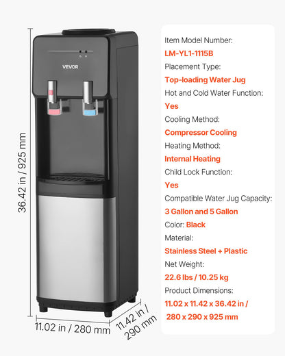 Top Loading Water Cooler Dispenser, Hot and Cold Water Dispenser for 3 or 5 Gallons Bottles, Sturdy Stainless Steel and Child Security Lock, Ideal for Homes, Kitchens, Offices, Dorms, Black