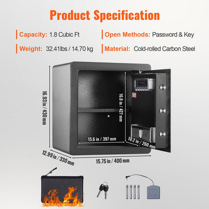 Safe, 1.8 Cubic Feet Home Safe, Steel Security Safe with Digital Keypad and 2 Keys, Cabinet Safe with Fire-proof Bag, Protect Cash, Gold, Jewelry, Documents for Home, Hotel, 15.8x13x16.9 inches