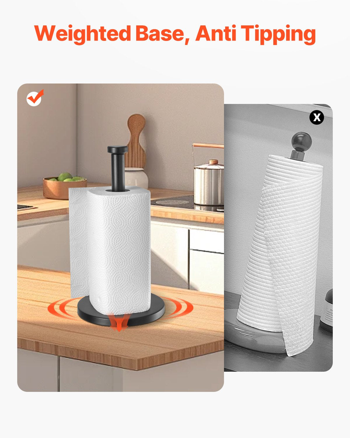 Paper Towel Holder Countertop, Stainless Steel Kitchen Paper Towel Stand with Weighted Base and Suction Cups, Non-slip Countertop Kitchen Paper Roll Holders for Kitchen Bathroom