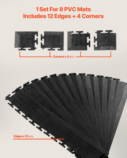 Male Garage Floors Transition Edge Kit, 12 Edges and 4 Corners, Sturdy PVC Interlocking Modular Garage Floor Edging Slip-resistant, Compatible Only with 4-Sided Interlocking Mats, Black