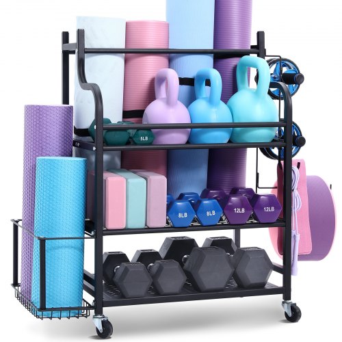 Yoga Mat Storage Rack, Home Gym Workout Equipment Organizer, Powder Coated Finish Steel Yoga Mat Holder with Hooks & Wheels, Weight Rack for Dumbbell, Kettlebell, Foam Roller, and Yoga Strap