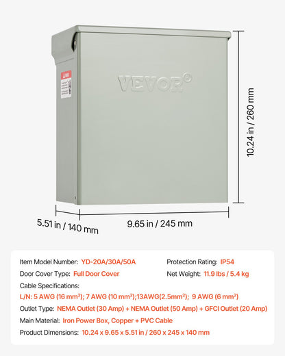 Temporary Power Outlet Panel, 20 30 50 Amp, RV EV Electrical Outlet Panel, with NEMA 50 Amp NEMA 30 Amp GFCI 20 Amp Receptacle Installed, Pre-Wired IP54 Weatherproof Box, for RV Camper Motorhome
