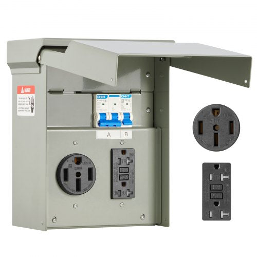 Temporary Power Outlet Panel, 20 50 Amp, RV EV Electrical Outlet Panel with NEMA 50 Amp GFCI 20 Amp Receptacle Installed, Pre-Wired IP54 Weatherproof Box, for RV Camper Car Travel Motorhome